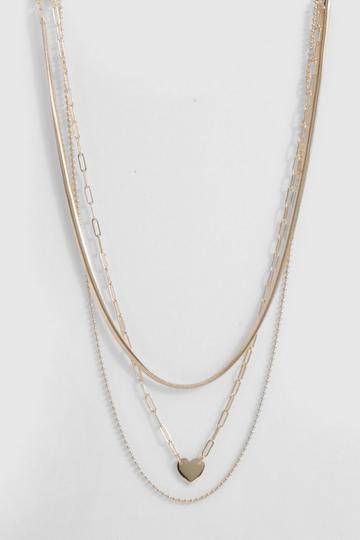 Triple Layer Snake Chain And Heart Necklace gold