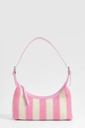 Stripe Raffia Shoulder Bag pink