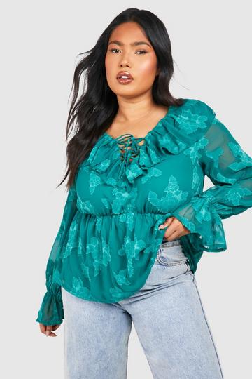 Plus Woven Jaquard Frill Detail Long Sleeve Blouse green
