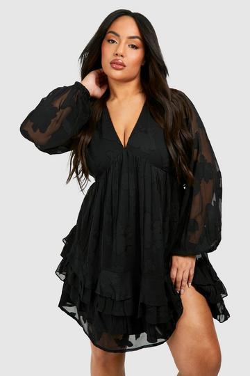 Black Plus Woven Jaquard Ruffle Hem Long Sleeve Mini Dress