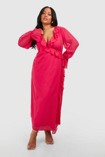 Plus Dobby Mesh Ruffle Detail Long Sleeve Wrap Dress hot pink