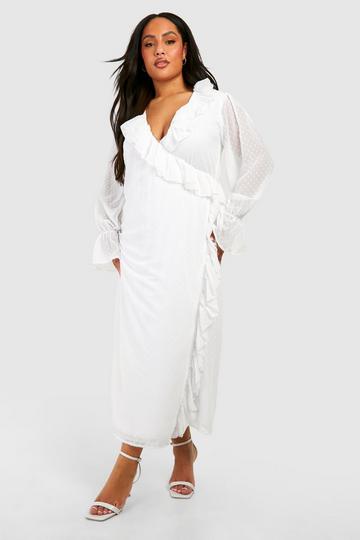 Ivory White Plus Dobby Mesh Ruffle Detail Long Sleeve Wrap Dress