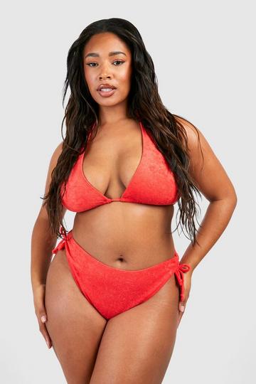 Plus Toweling Ribbed High Waisted Bikini Bottoms red