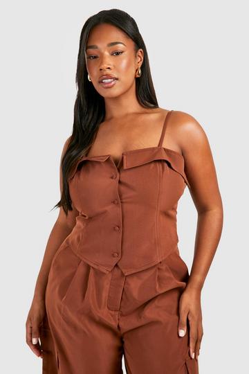 Plus Plunge Button Front Corset Top chocolate
