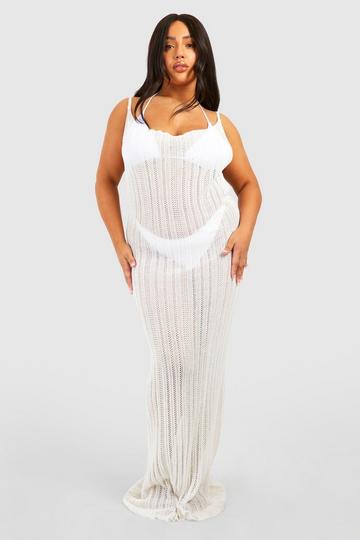 Plus Crochet Ladder Cowl Neck Knitted Maxi Dress ivory