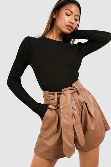 Faux Leather High Waisted Shorts camel