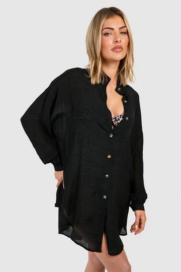 Black Linen Look Longline Beach Shirt