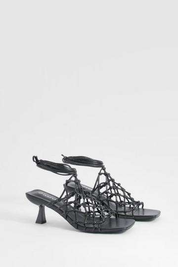 Knotted Caged Low Wrap Up Heels black