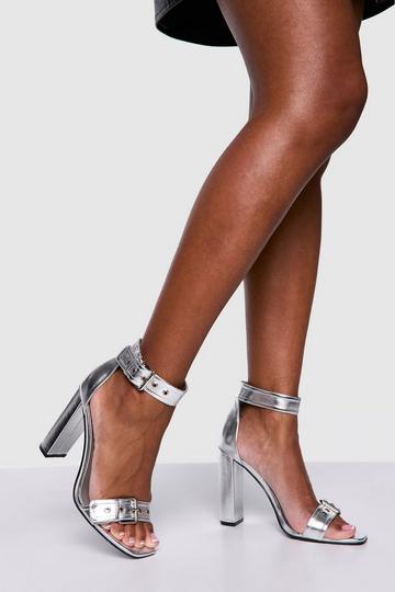 Chunky Buckle 2 Part Block Heeled Sandals silver