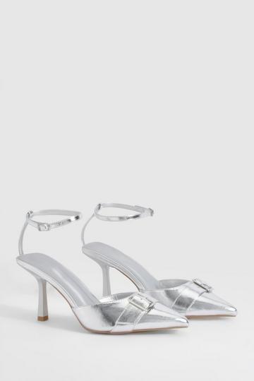 Silver Wide Fit Buckle Detail Court Shoes