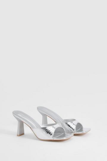 Wide Fit Croc Square Toe Heeled Mules silver