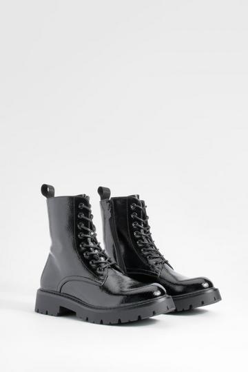 Black Chunky Patent Lace Up Combat Boots