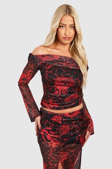 Mixed Print Mesh Long Sleeved Mesh Off The Shoulder cherry