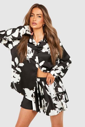 Large Mono Floral Relaxed Fit Shirt & Flared Shorts black