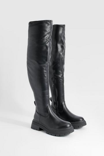 Chunky Sole Buckle Knee High Boots black