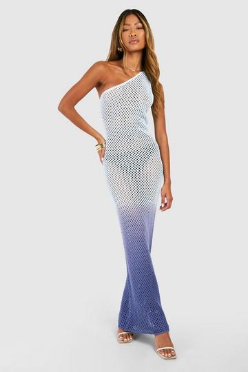 Blue Ombre Crochet One Shoulder Knitted Maxi Dress