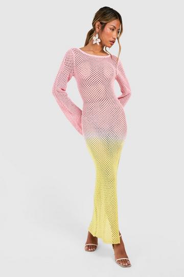 Ombre Crochet Scroop Back Knitted Maxi Dress pink