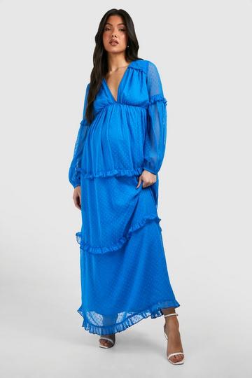 Blue Maternity Dobby Mesh Ruffle Maxi Dress