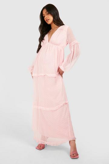 Pink Maternity Dobby Mesh Ruffle Maxi Dress