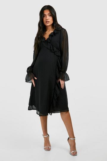 Maternity Dobby Frill Wrap Midi Dress black
