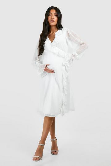 Maternity Dobby Frill Wrap Midi Dress white