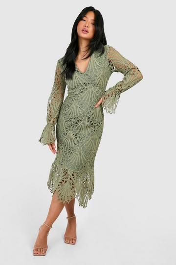 Sage Green Petite Premium Lace Plunge Front Midaxi Dress