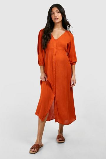 Brown Maternity Cheesecloth Button Down Midi Dress