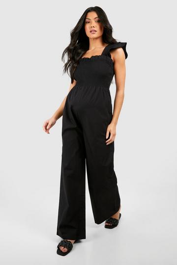 Maternity Frill Strap Shirred Jumpsuit black