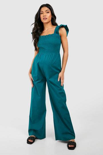 Maternity Frill Strap Shirred Jumpsuit green