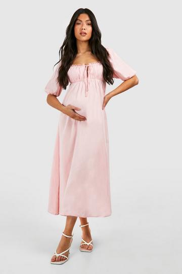 Pink Maternity Linen Milk Maid Midi Dress