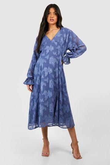 Blue Maternity Floral Jacquard V Neck Midi Dress