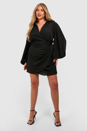 Plus Blouson Sleeve Wrap Dress black