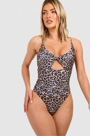 Tummy Control Leopard Twist Front Swimsuit brown