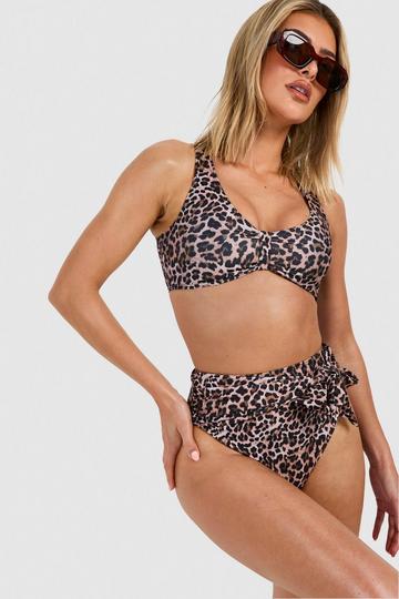 Tummy Control Leopard Tie Bikini Set brown