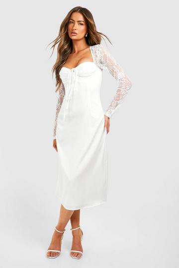 Ivory White Satin Lace Sleeve Midi Dress