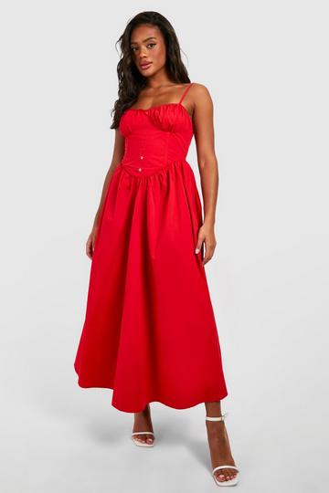 Cotton Midaxi Milkmaid Dress red