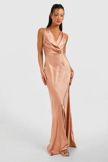 Copper Orange Tall Bridesmaid Satin Cowl Wrap Front Maxi Dress