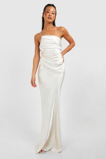 Cream White Tall Bridesmaid Satin Strappy Asymmetric Maxi Dress