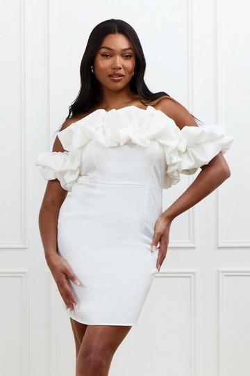 Ivory White Plus Premium Satin Off Shoulder Mini Dress