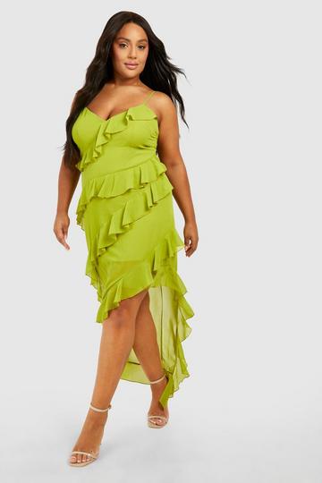 Olive Green Plus Occasion Ruffle Asymmetric Maxi Dress