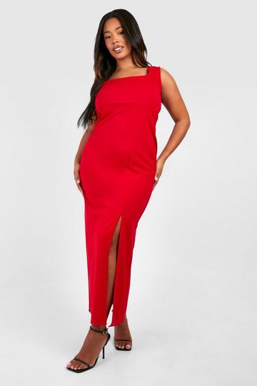Red Plus Square Neck Split Maxi Dress