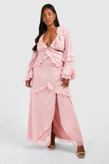 Blush Pink Plus Chiffon Ruffle Twist Front Split Maxi Dress