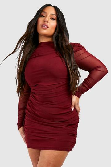 Plus Ruched Mesh Bodycon Dress cherry