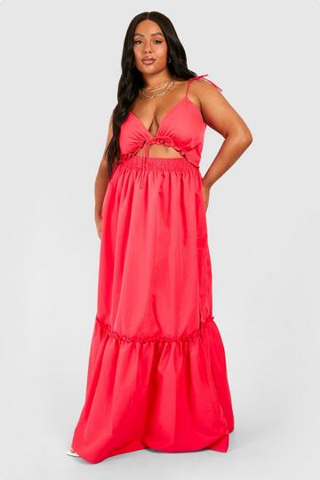 Plus Woven Tie Front Tiered Smock Maxi Dress hot pink