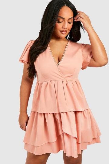 Coral Pink Plus Woven Textured Ruffle Skater Dress