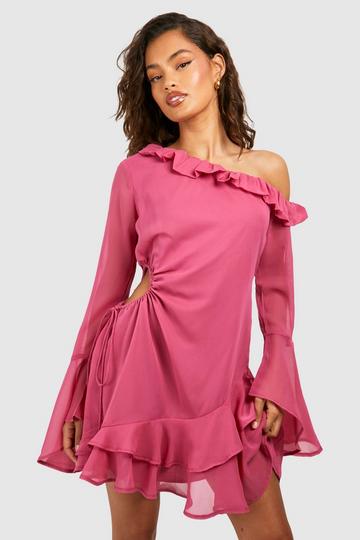 Chiffon Asymmetric Ruffle Mini Dress rose
