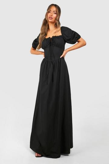 Poplin Maxi Milkmaid Dress black