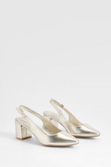 Gold Metallic Block Heel Pointed Toe Court Shoes