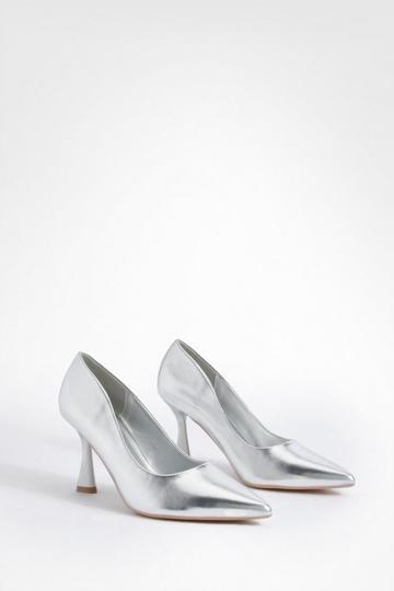 Square Heel Pointed Toe Court Shoes silver