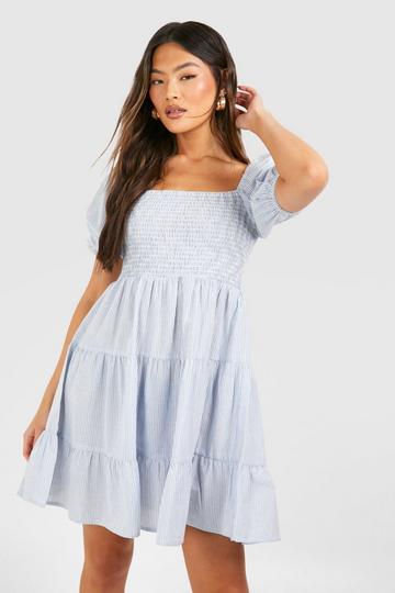 Linen Short Sleeve Mini Dress blue